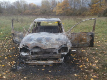 Carcasse de voiture dans pré.